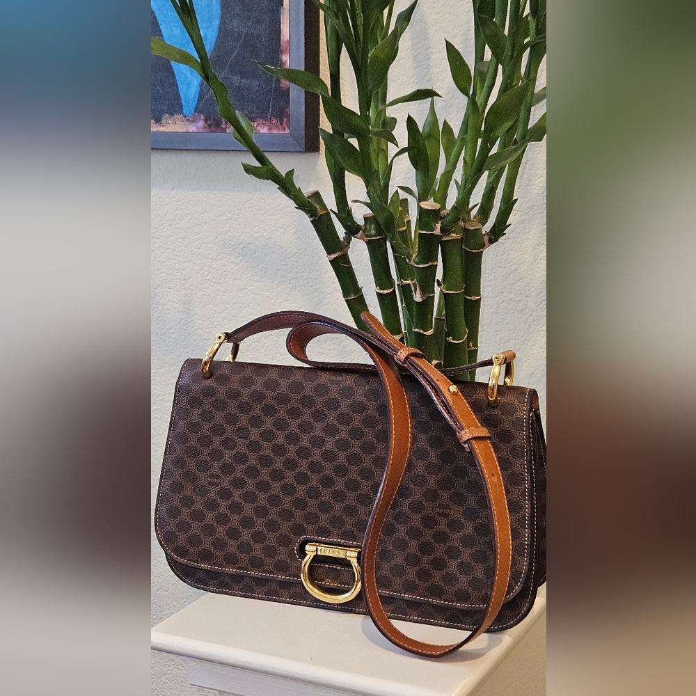 Celine Brown Monogram Shoulder Bag with Tan Leather Strap and Gold Hardware - Picture 5 of 17